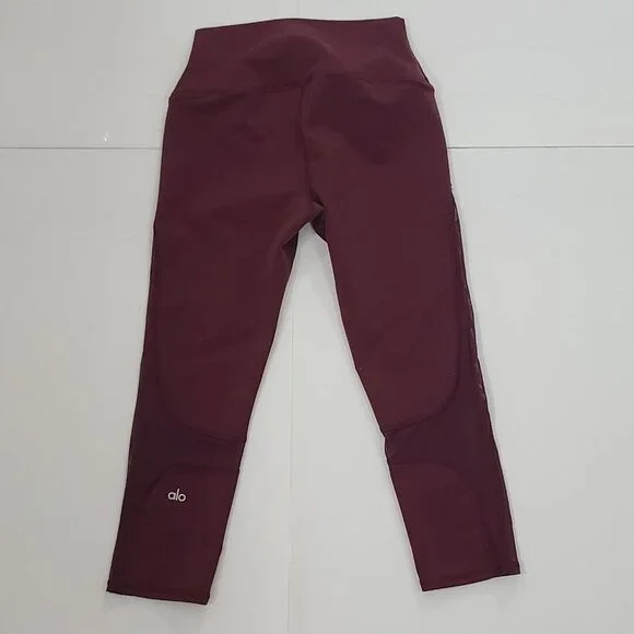 ALO Yoga Mesh Detail Cropped Leggings‎ High Waist Maroon Red Size Small - Picture 4 of 8